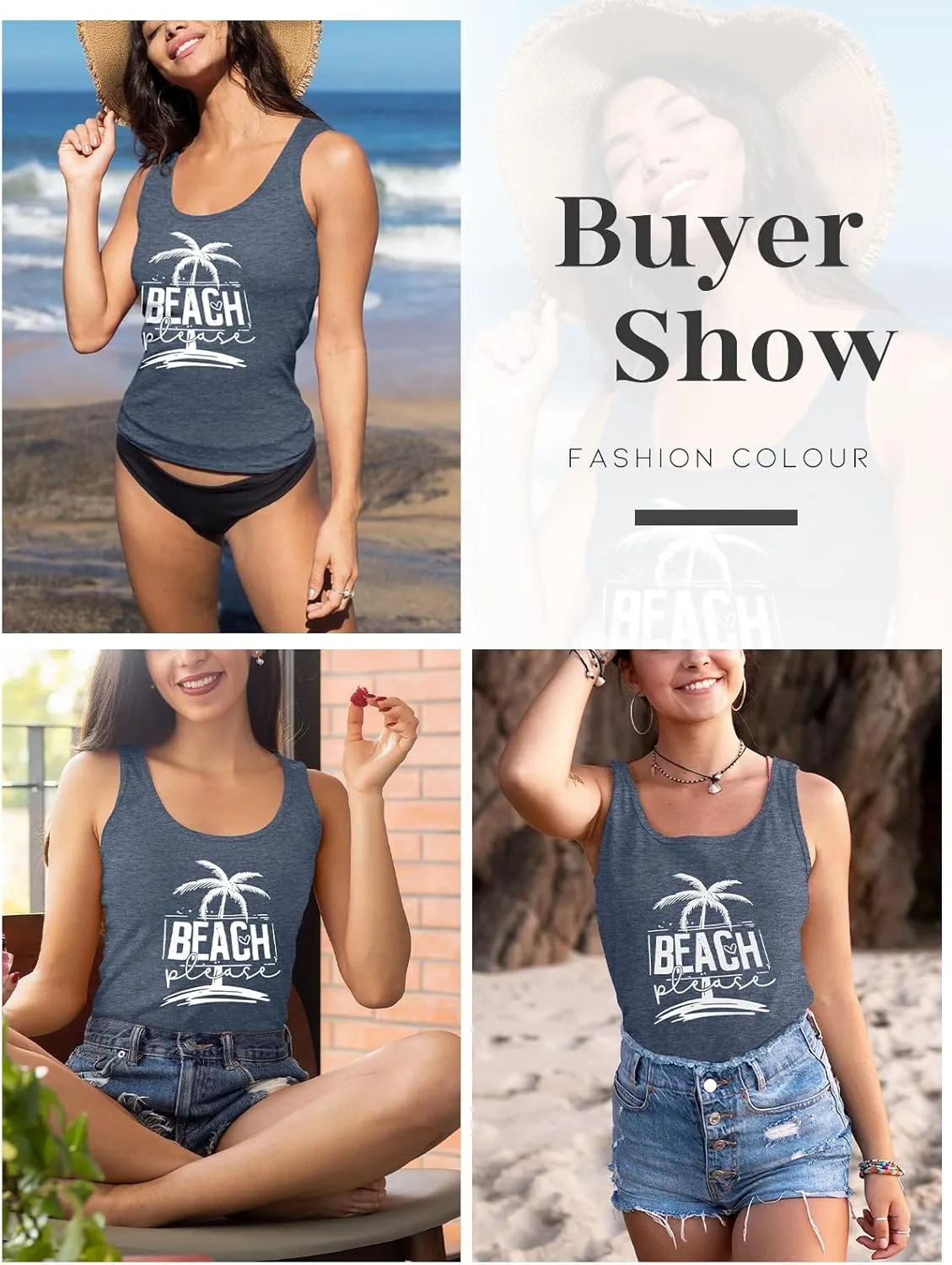 Women Vintage Beach Graphic Racerback Tank Top Summer Vacation Hawaiian Sunset Sun Sand Sleeveless Basic-Fit Shirt Cami
