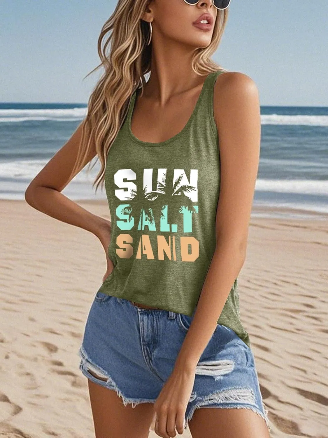 Women Vintage Beach Graphic Racerback Tank Top Summer Vacation Hawaiian Sunset Sun Sand Sleeveless Basic-Fit Shirt Cami