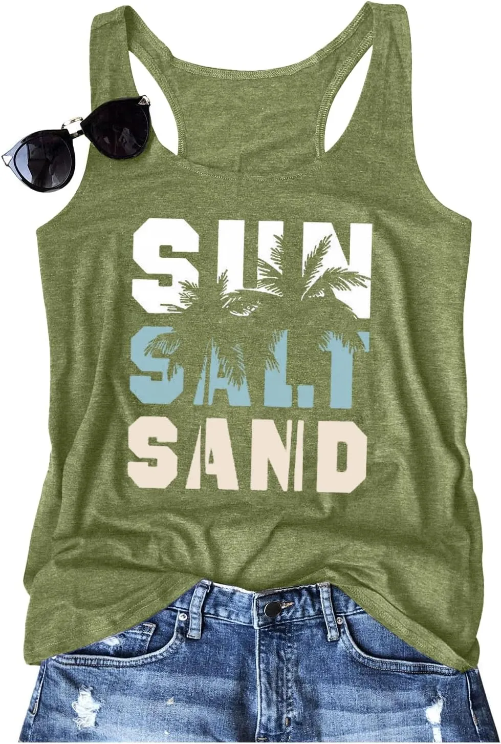 Women Vintage Beach Graphic Racerback Tank Top Summer Vacation Hawaiian Sunset Sun Sand Sleeveless Basic-Fit Shirt Cami