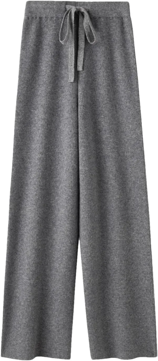 Women Wool Knitted Heavy Ribs Loose Wide Leg Pants Floor Length Soft Wool Pants