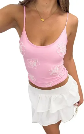 Women Y2k Sequin Cami Tops Floral Beaded Pearl Embellished Spaghetti Strap Camisole Sexy Summer Going Out Top