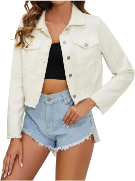 Women's Casual Denim Cropped Jackets Long Sleeve Button Down Frayed Hem Vintage Coats Fashion Fall Jean Jacket