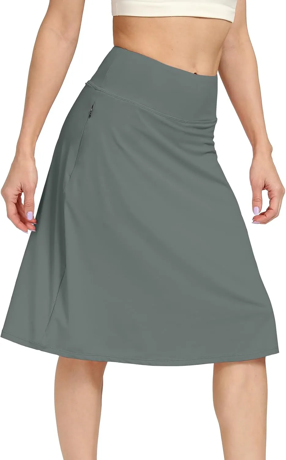 Womens Midi Knee-Length Skirt with Built-in Skorts Hidden Drawstring Zippered Pockets Appropriate for Working Casual Office