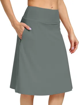 Womens Midi Knee-Length Skirt with Built-in Skorts Hidden Drawstring Zippered Pockets Appropriate for Working Casual Office