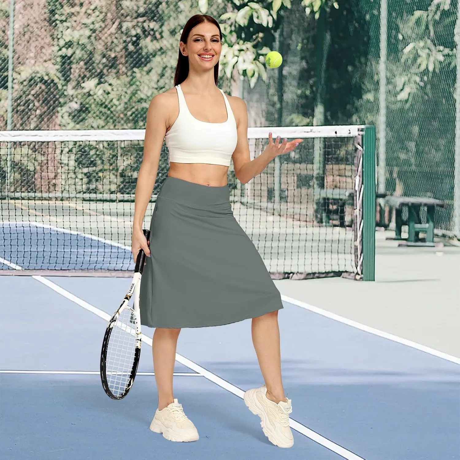 Womens Midi Knee-Length Skirt with Built-in Skorts Hidden Drawstring Zippered Pockets Appropriate for Working Casual Office