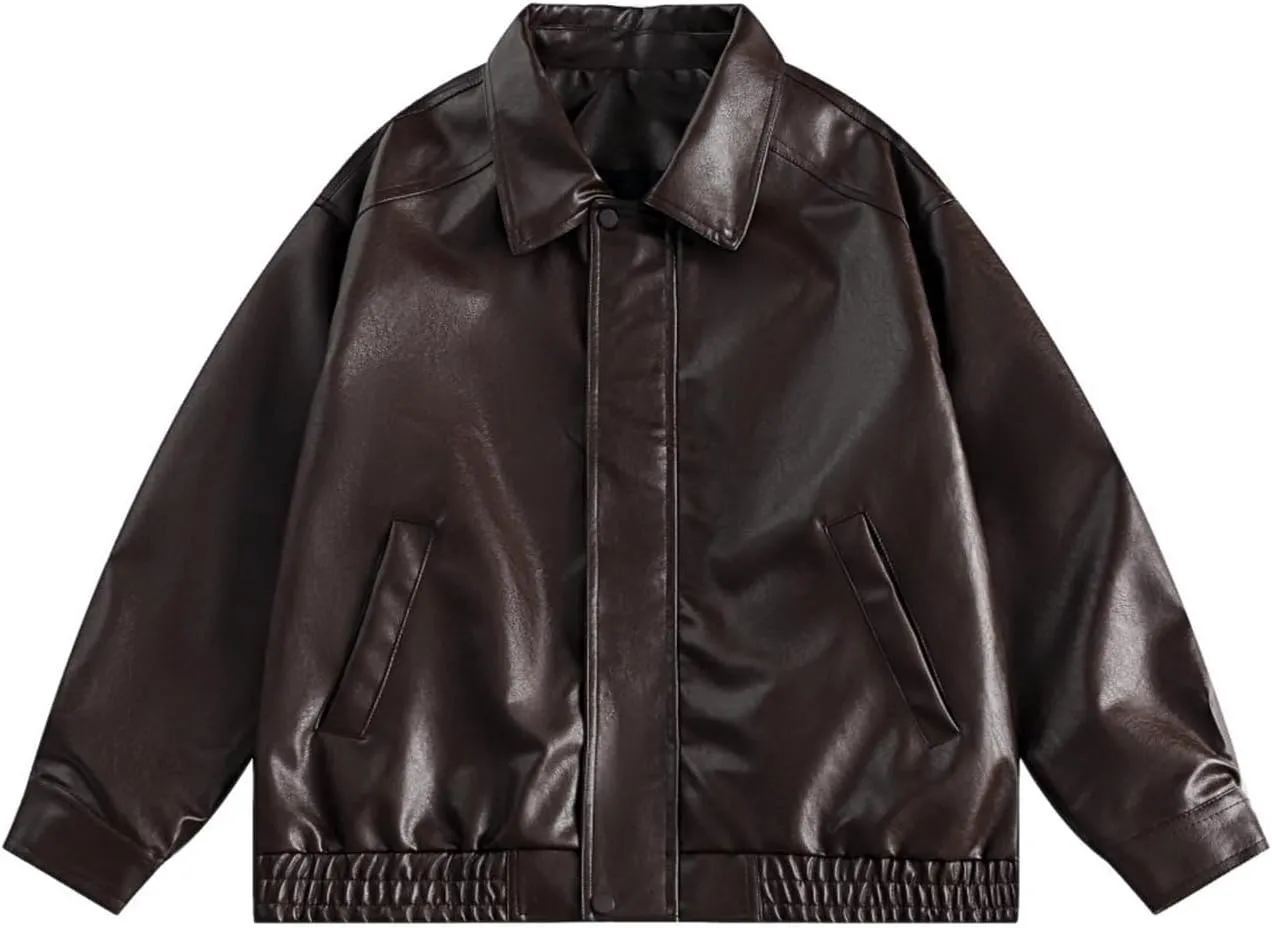 Women's Oversized Faux Leather Bomber Jacket Solid Long Sleeve Lapel Full Zip Boyfriend Coat Motorcycle Biker Jackets