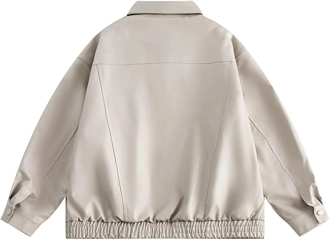 Women's Oversized Faux Leather Bomber Jacket Solid Long Sleeve Lapel Full Zip Boyfriend Coat Motorcycle Biker Jackets