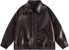 Women's Oversized Faux Leather Bomber Jacket Solid Long Sleeve Lapel Full Zip Boyfriend Coat Motorcycle Biker Jackets