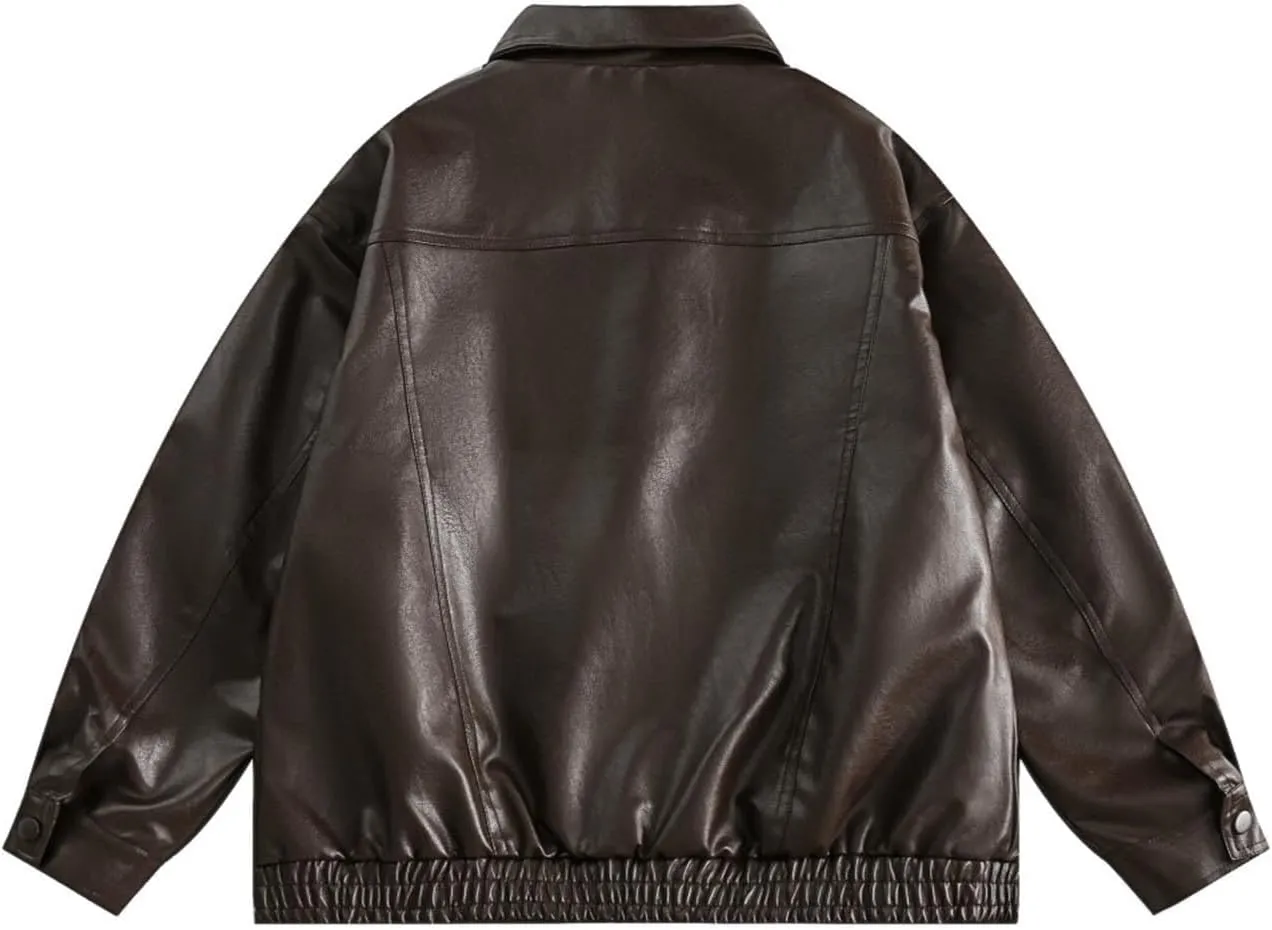 Women's Oversized Faux Leather Bomber Jacket Solid Long Sleeve Lapel Full Zip Boyfriend Coat Motorcycle Biker Jackets