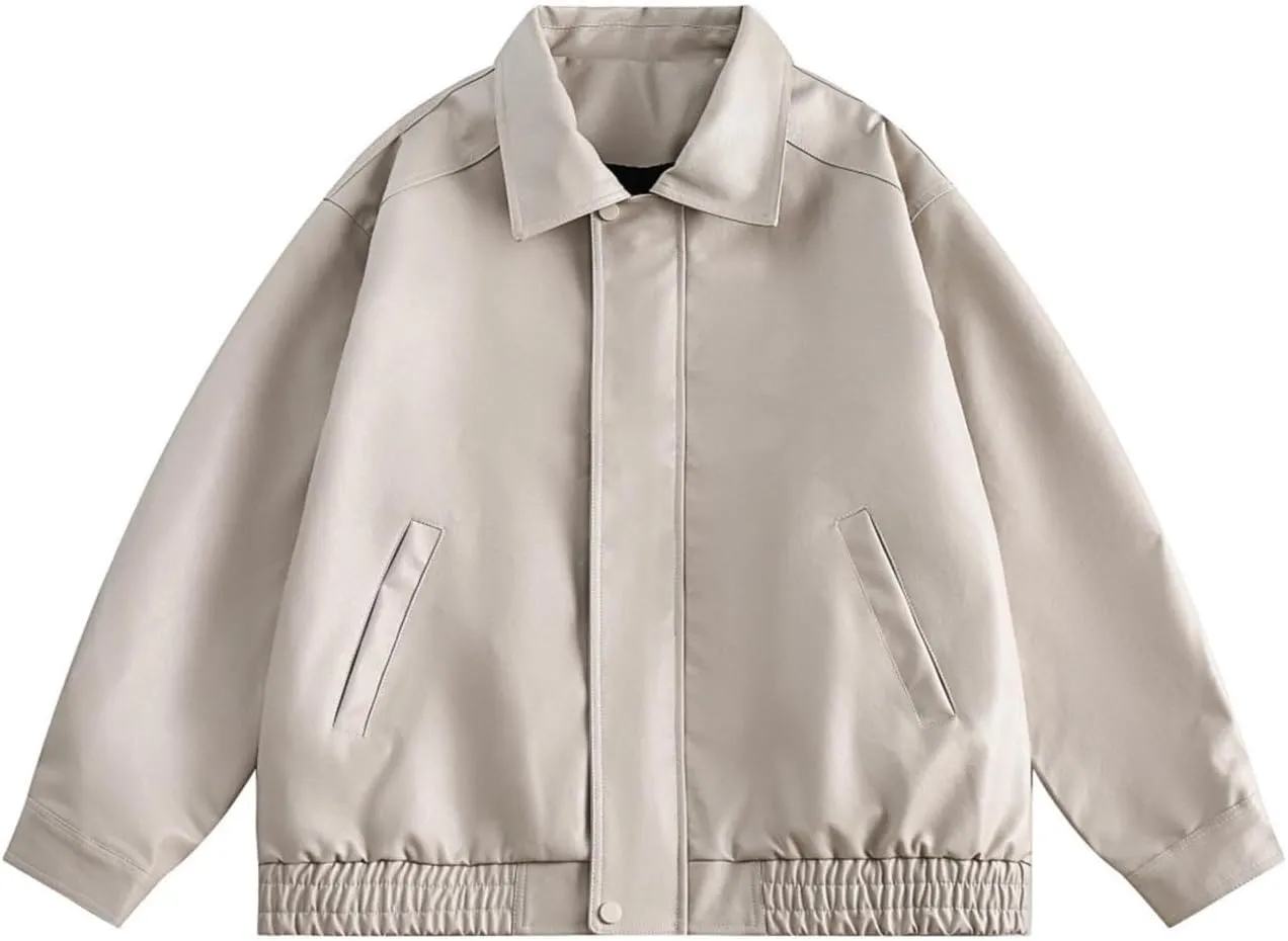 Women's Oversized Faux Leather Bomber Jacket Solid Long Sleeve Lapel Full Zip Boyfriend Coat Motorcycle Biker Jackets