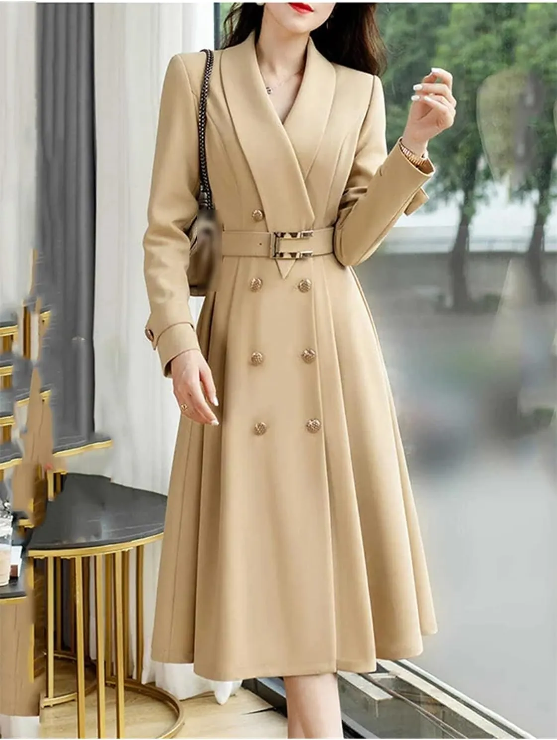 Womens Spring Autumn Long Double Breasted Trench Coat Classic Lapel Slim Overcoat Outerwear With