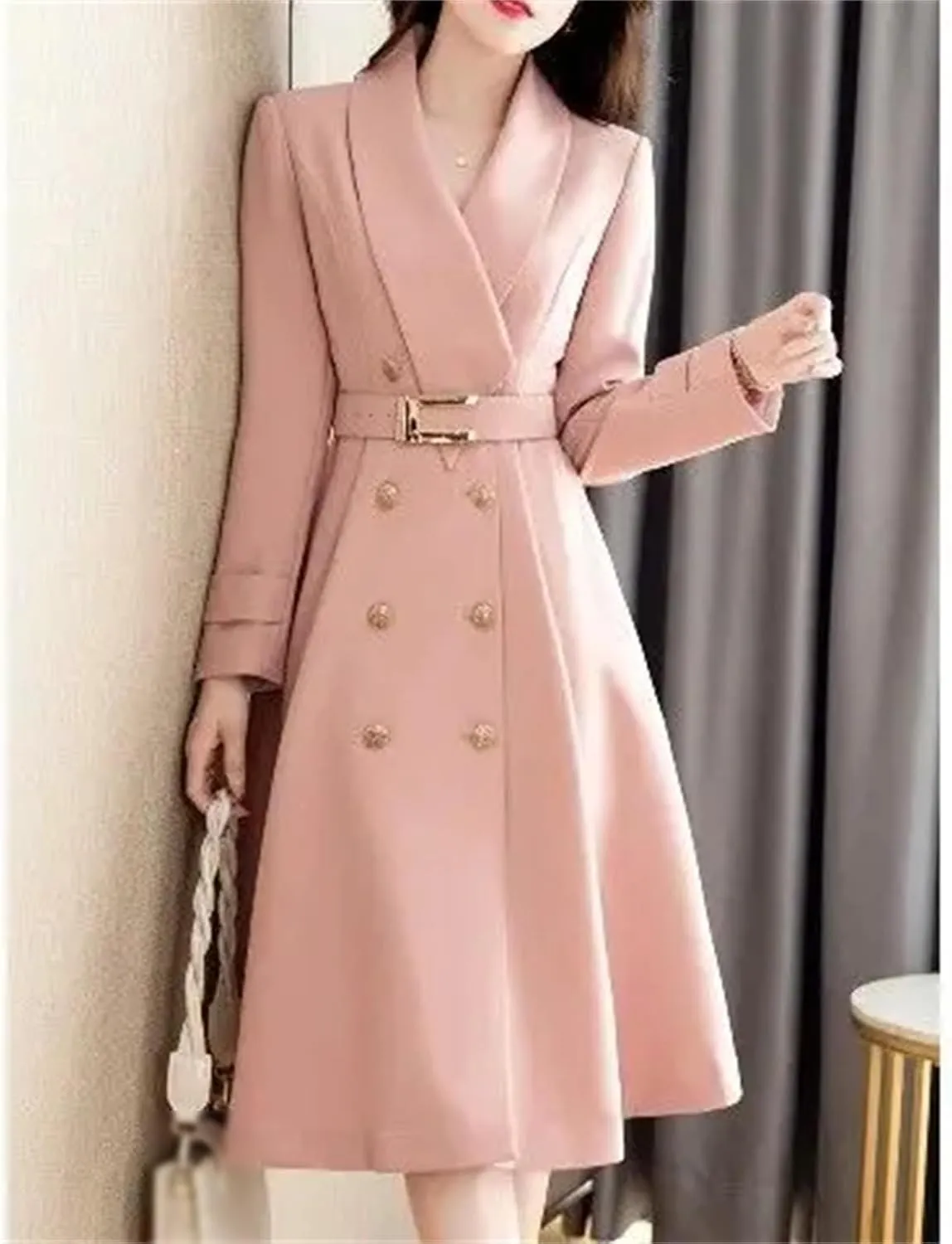 Womens Spring Autumn Long Double Breasted Trench Coat Classic Lapel Slim Overcoat Outerwear With
