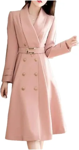 Womens Spring Autumn Long Double Breasted Trench Coat Classic Lapel Slim Overcoat Outerwear With
