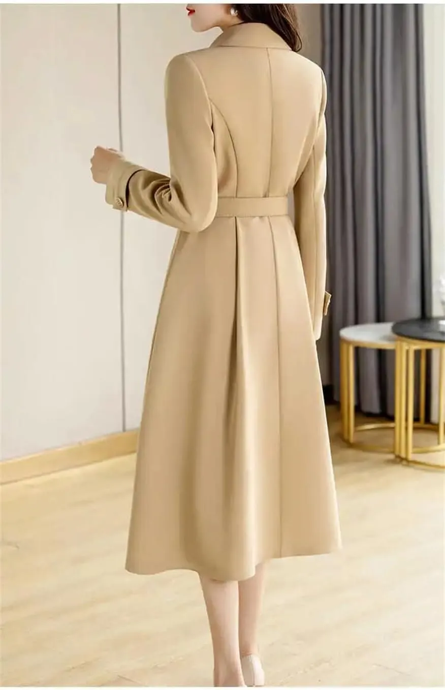 Womens Spring Autumn Long Double Breasted Trench Coat Classic Lapel Slim Overcoat Outerwear With