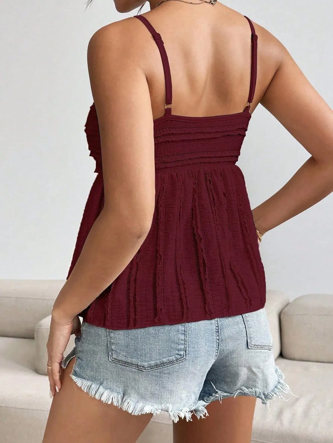 Womens Summer Spaghetti Strap Sexy Lace Trim Peplum Tank Top Backless Going Out Crop Tops for Women