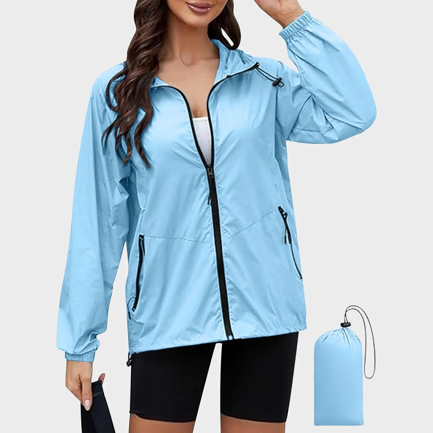 XUNRYAN Rain Jackets for Women Hooded Waterproof Packable Windbreaker Fall Outfits Sports Coat Outdoor Hiking Travel Jacket