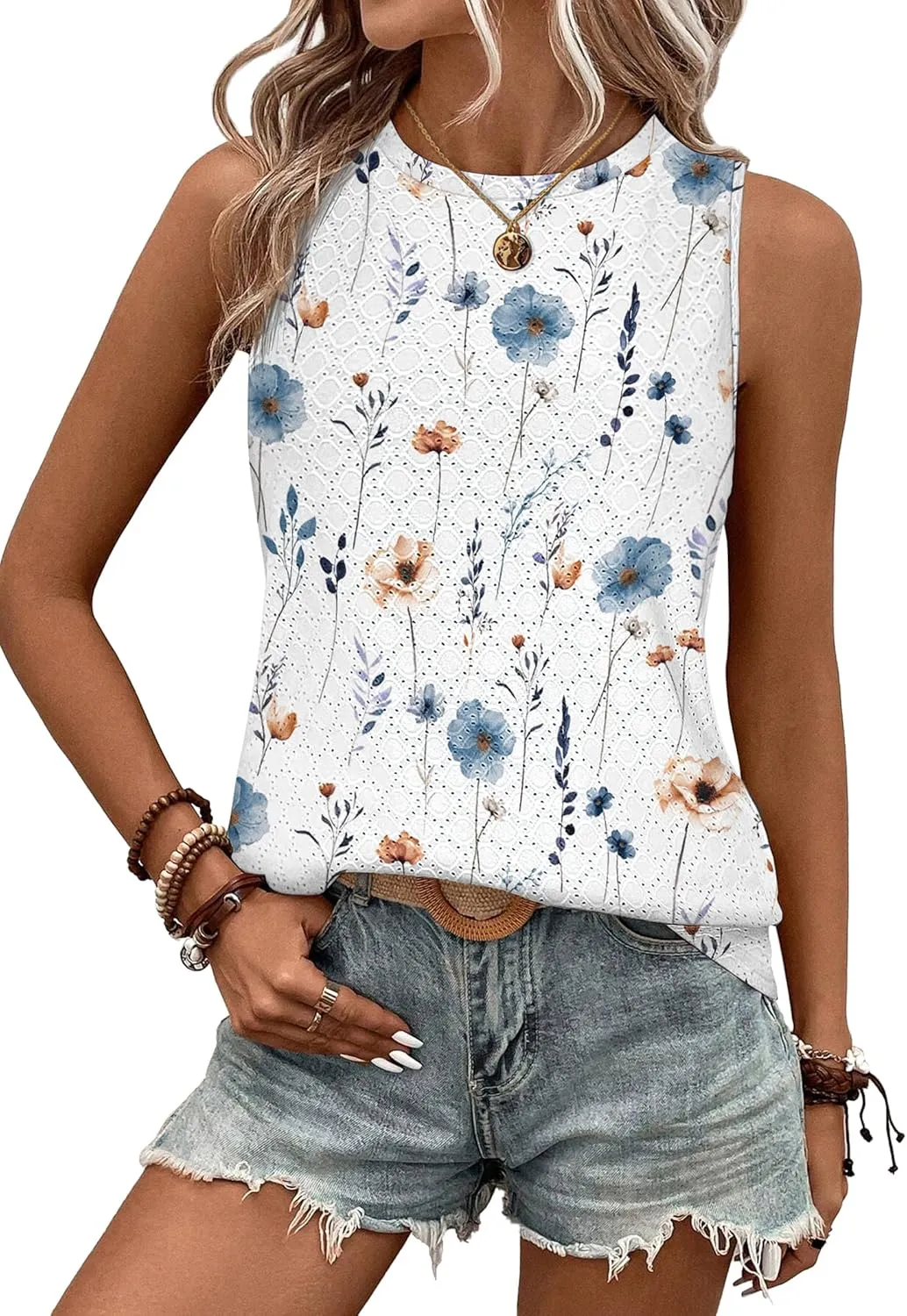 Zeagoo Tank Tops for Women Sleeveless Eyelet Shirts High Neck Cute Summer Top Loose Fit S-XXL