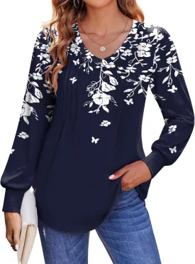 Zeagoo Women's Puff Long Sleeve Shirts Pleated V Neck Fall Tunic Tops Blouse Dressy Casual Loose Summer T-Shirts